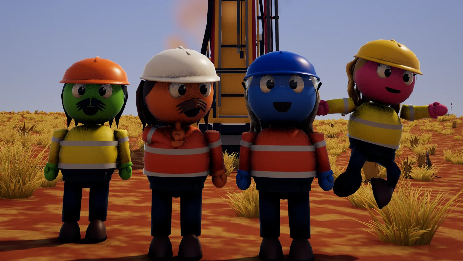 Nugget, Dusty, Snowy and Shazza standing in front of the drill rig on red dirt
