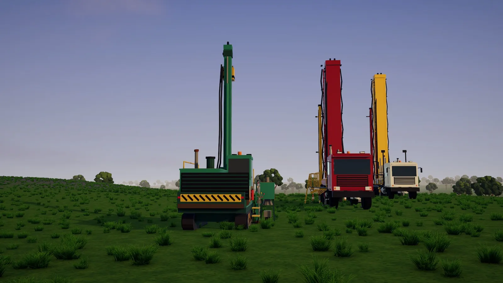 The three drill rigs side by side on a green paddock: the crawler, the red rig and the big yellow one