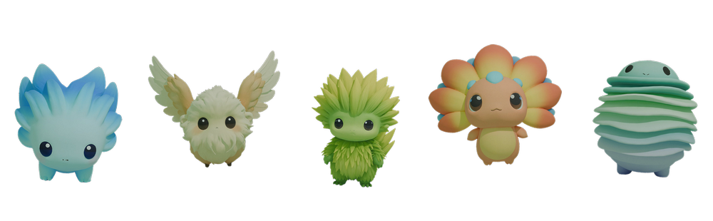 Five small creatures from the sanctuary: a fluffy blue Whispin, a winged Driftel, a leafy Sylphi, a flower-petaled creature, and a green succulent friend.